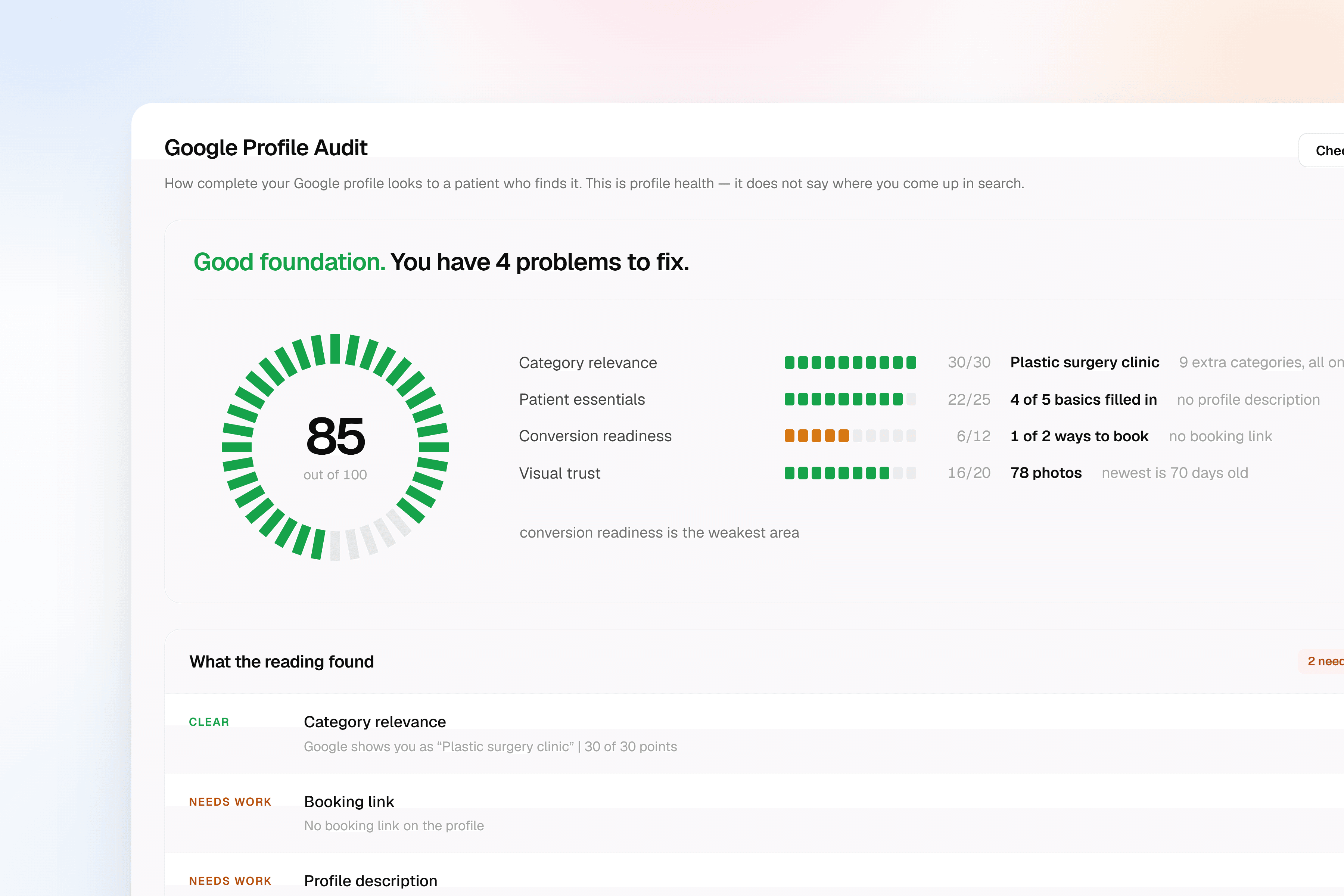 A Google Profile Audit scoring a clinic across category relevance, patient essentials, conversion readiness and visual trust, with the weakest pillar named
