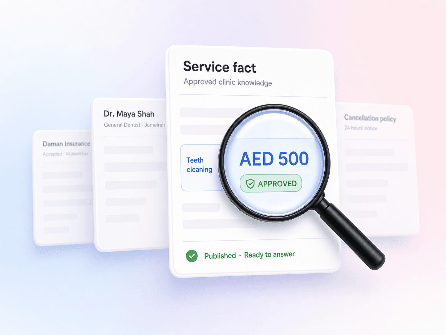 RepHigh verifying an approved clinic service fact, price, doctor, insurance and policy before publication