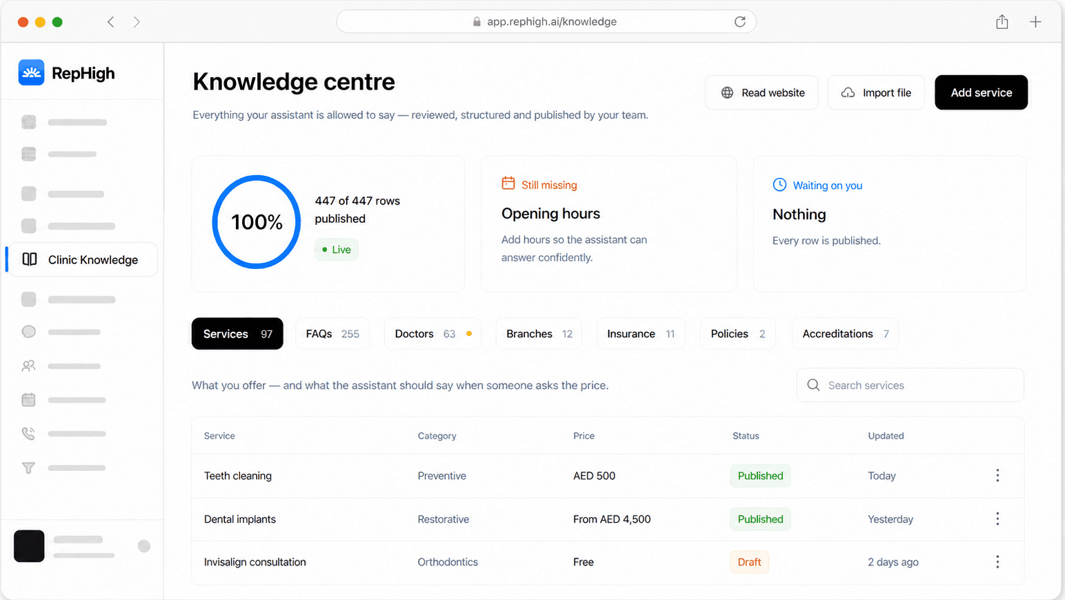 RepHigh Knowledge Centre showing published clinic services, FAQs, doctors, branches, insurance, policies and missing opening hours