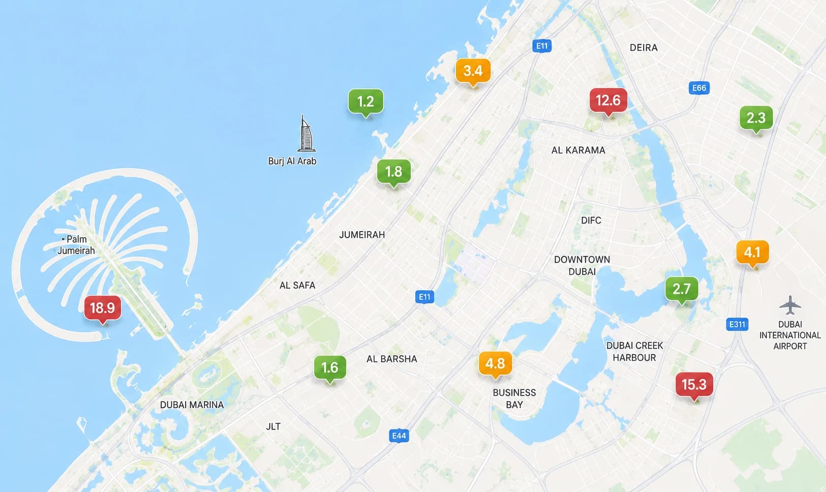 Map ranking across Dubai, with a position pinned at each point from Palm Jumeirah and Jumeirah through Business Bay and Deira
