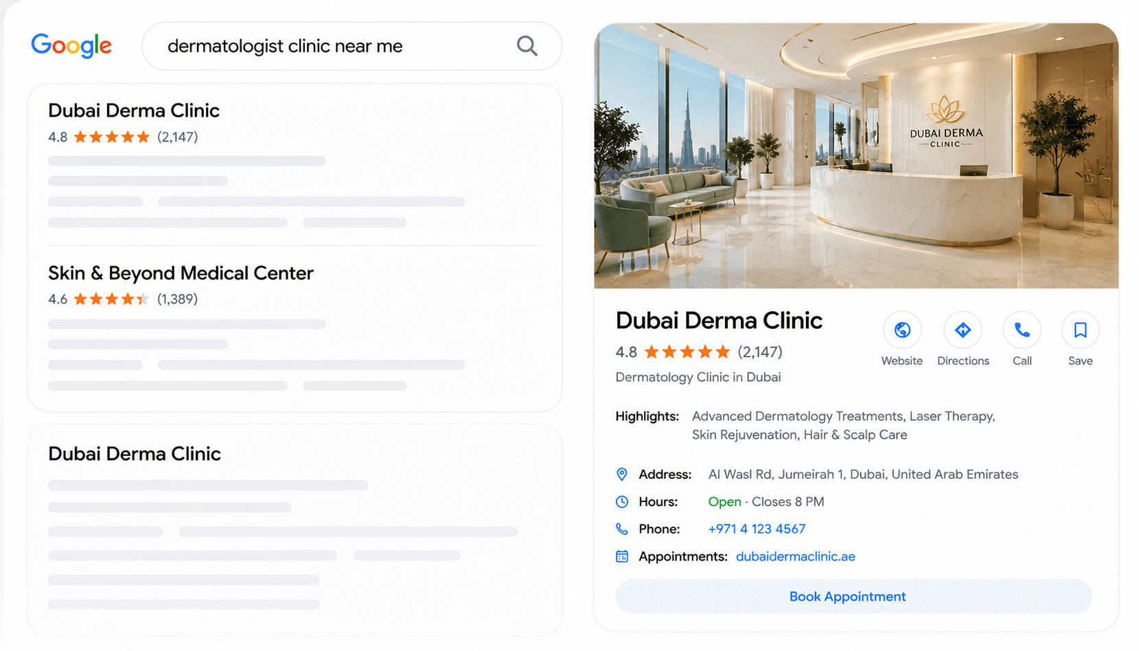 A clinic profile as it appears to a patient searching Google, with rating, category, address, hours, phone and booking link
