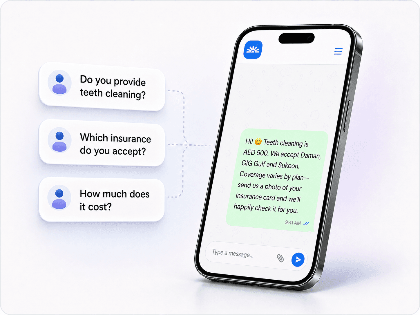RepHigh Patient AI answering a clinic enquiry from approved information