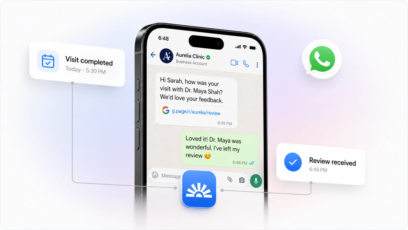 A completed clinic visit automatically becoming a WhatsApp review request