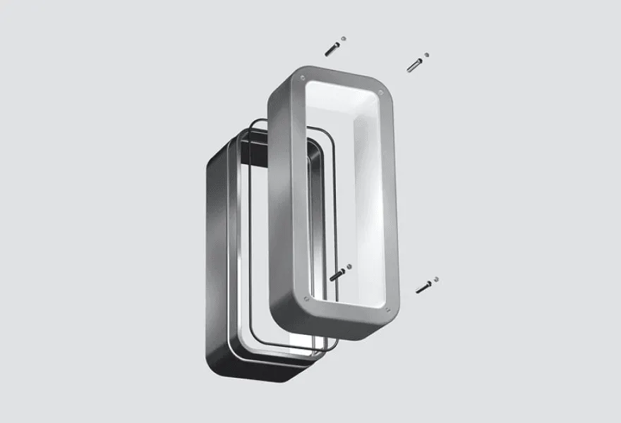 Minimal 3D render of a layered rounded enclosure on a light background