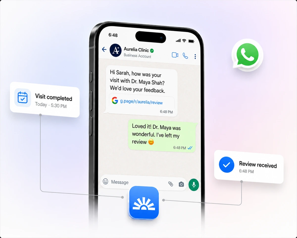 RepHigh Reputation Engine asking a patient for feedback on WhatsApp after their visit and recording the review that comes back